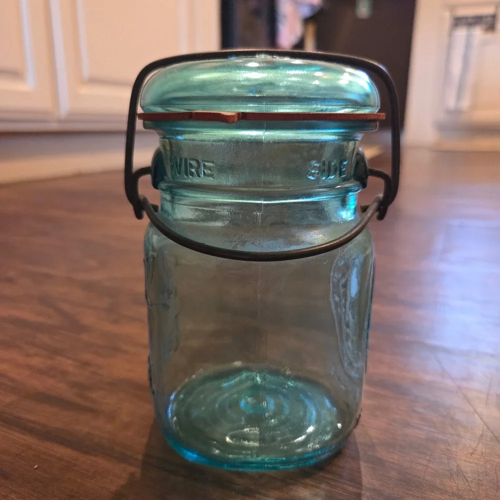 Ball Ideal Bicentennial Celebration Aqua Blue Glass Jar Wire Bail Lid 1776-1976